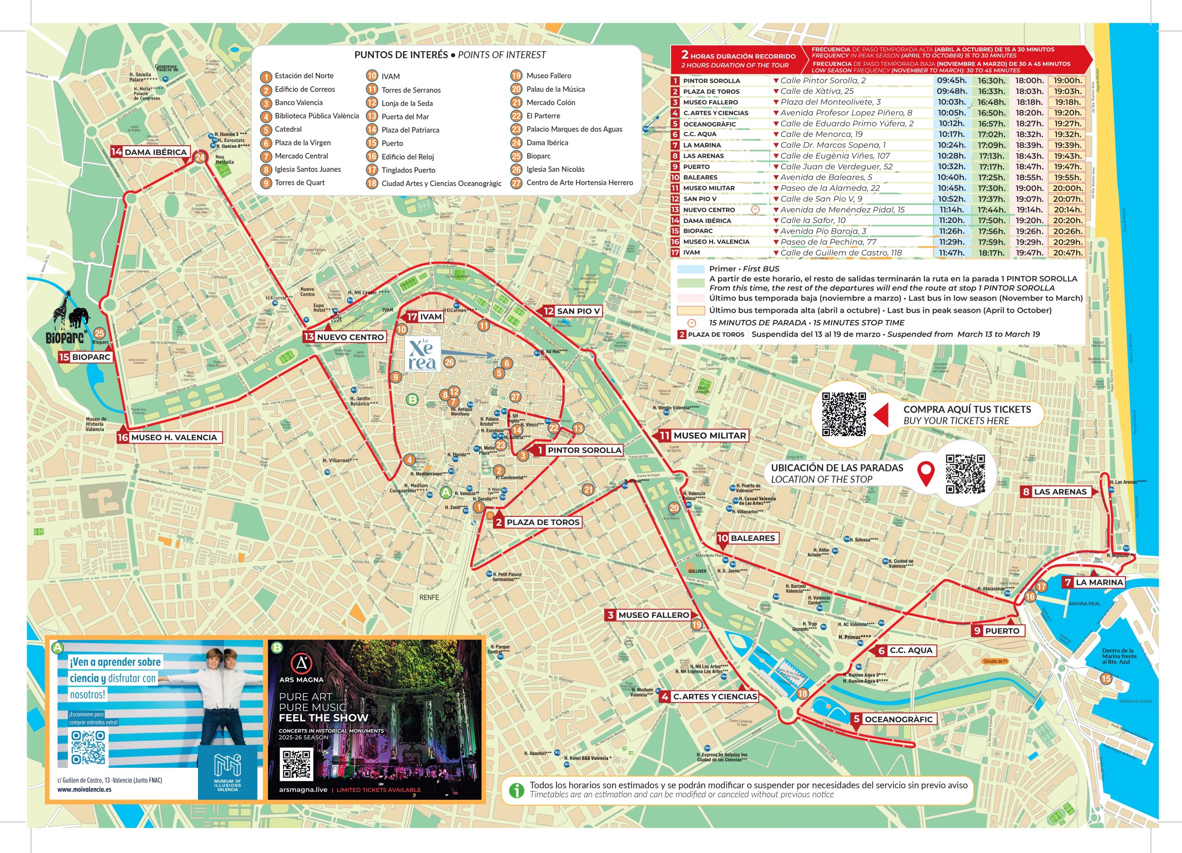 Valencia tourist map with points of interest and bus route marked in red.